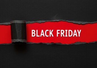 Black Friday concept with torn paper revealing sale text on red backdrop.