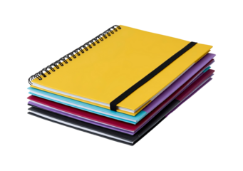 Stack of colorful spiral notebooks with elastic bands on transparent background, PNG	