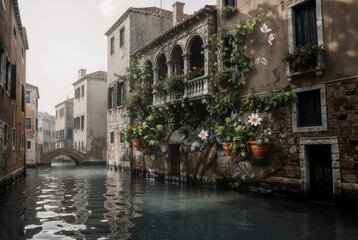 Striking Venice canal scene blends post-industrial architecture with bold botanical overlays. Perfect for creative campaigns seeking modern elegance and artistic flair.