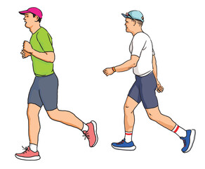 Two athletes sportsmen jogging at competition, profile view, realistic hand drawn vector illustration