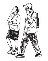Two modern young people with smartphones walking outdoors together in summer, vector sketch, realistic hand drawing, doodle, white background
