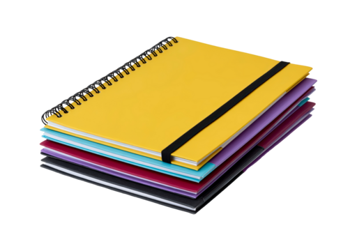 Stack of colorful spiral notebooks with elastic bands on transparent background, PNG	