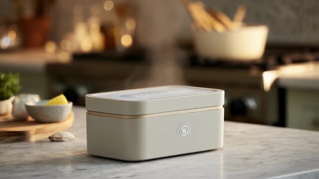 Closeup medium shot of a stylish babywipe warmer powered by recycled warmth from cooking emphasizing its ecoconscious design with a softly blurred stove and utensils behind.
