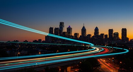 Fototapeta premium Smart city digital transformation development concept. Band lights over modern urban cityscape at night