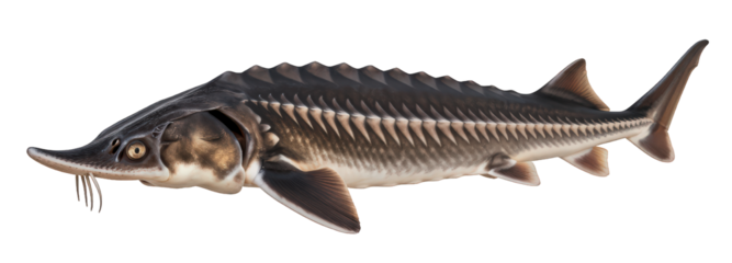 A transparent PNG of a Siberian sturgeon (Acipenserbaerii), a long-bodied, bottom-dwelling fish with spiny, bony plates along its back