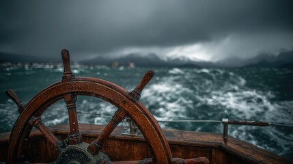 Fototapeta premium Wooden ship's wheel amidst a turbulent sea.