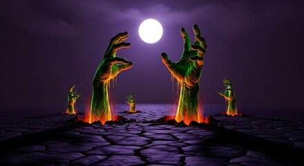 Zombie hands rising from cracked earth under a full moon in a spooky landscape