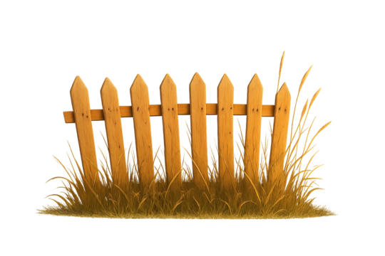 Orange picket fence with dry grass on transparent background, rural rustic decoration concept