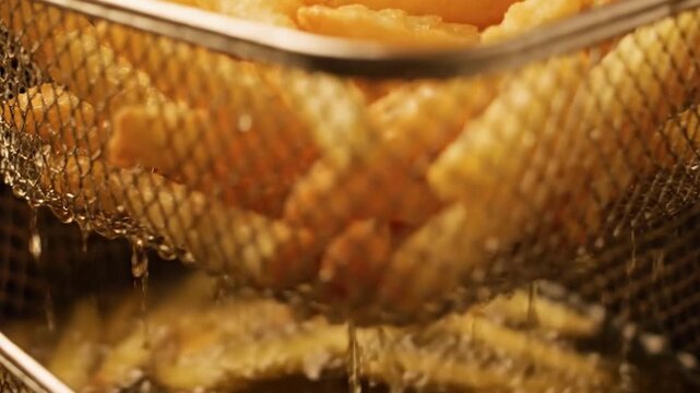 A Satisfying Shot of Hot and Crispy French Fries Being Lifted from a Deep Fryer in a Restaurant Kitchen