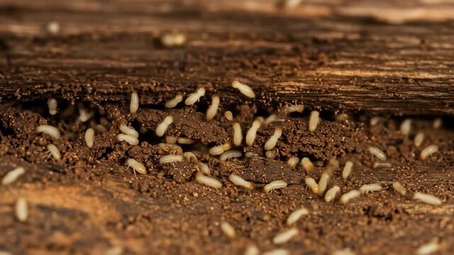 Termites in decaying wood close up insect infestation macro view wildlife detail pest control