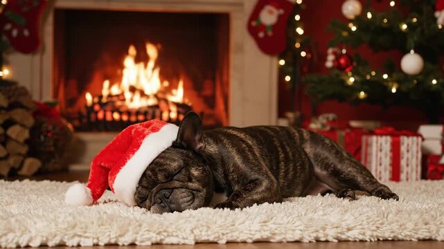 French Bulldog Sleeping by Fireplace on Christmas - A brindle French Bulldog wearing a Santa hat sleeps peacefully on a fluffy white rug in front of a cozy fireplace and decorated Christmas tree.