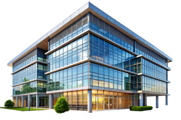 view of a modern city office building with large window isolated on white background, png, ai generated.
