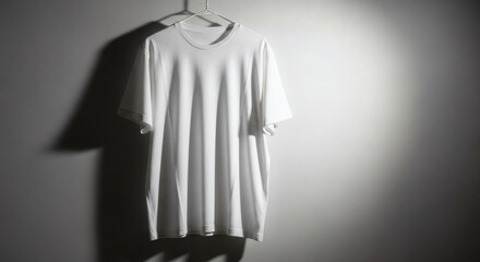 Crisp White T-Shirt Mockup on a Hanger, Clean and Simple White Tee Displayed Against a Neutral Wall