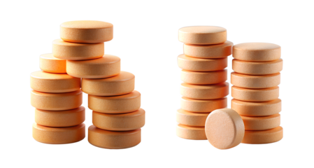 Stacks of Round Orange Pills on Transparent Background