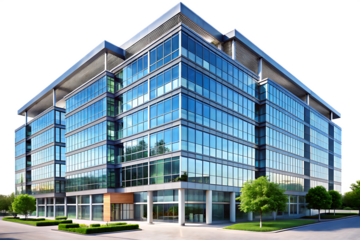 view of a modern city office building with large window isolated on white background, png, ai generated.