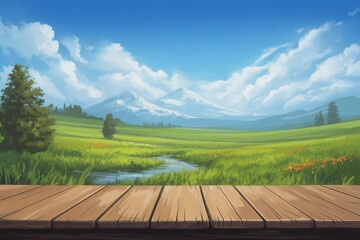 Verdant valley with snow capped mountains and wooden foreground