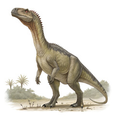 Fototapeta premium A large dinosaur stands upright in a prehistoric landscape. It has a robust body, long neck, and a distinctive head. Surrounding vegetation includes ferns and palm-like plants.