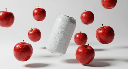 Floating Refreshments: Apples and a Chilled Can,A Pop of Color: Red Apples and a White Can Against a Clean Backdrop