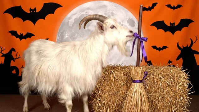 Fluffy Goat with Devil Horns Nibbles Halloween Broomstick - A fluffy white goat with devil horns playfully nibbles on a witch's broomstick decorated with a purple ribbon.