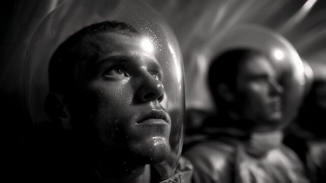 Athlete in medium shot immersed in a dimly lit altitude tent crisp details on focused face with blurred squad members nearby highlighting group endurance training through overnight