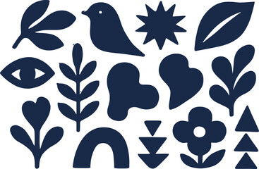 Abstract decorative silhouette shapes set including bird, flowers, leaves, hearts, geometric elements, and nature-inspired icons for modern folk art, minimal design, patterns, prints,