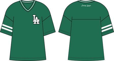 oversized boxy fit t shirt unisex short sleeve drop shoulder v neck wide baggy varsity t shirt flat sketch vector illustration front and back view technical cad drawing template