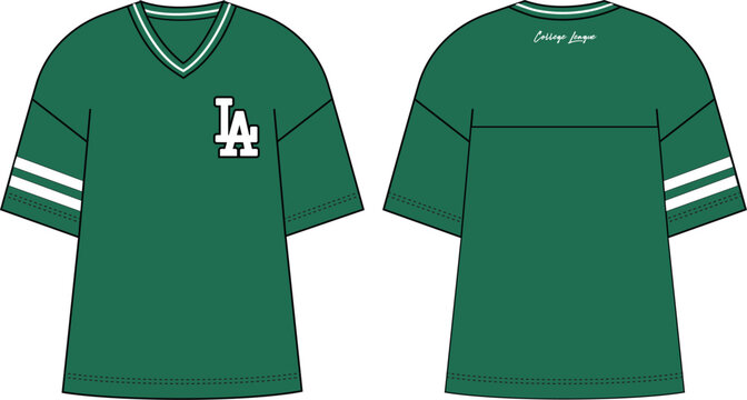 oversized boxy fit t shirt unisex short sleeve drop shoulder v neck wide baggy varsity t shirt flat sketch vector illustration front and back view technical cad drawing template