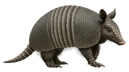 Nine-banded armadillo (Dasypus novemcinctus) standing, with a transparent background, high-resolution PNG file