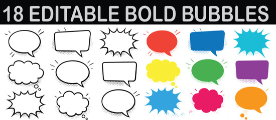 Set of 18 editable bold comic speech bubbles in outline and colorful styles, including talk, thought, and explosion shapes for cartoon text, pop art dialogue, graphic design, and retro comic-style ill