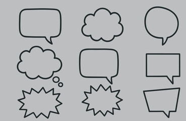 Set of blank comic speech bubbles and thought clouds in outline style for cartoon dialogue, pop art text design, retro comics, and graphic templates &mdash; perfect for doodle, talk, and conversation illust