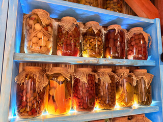 Homemade preserves on restaurant shelves in Western Ukraine