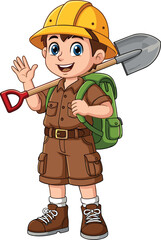 Cartoon explorer character, kid adventurer with shovel, yellow helmet, green backpack, outdoor activity, educational vector, playful illustration, brown outfit