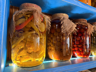 Three jars of preserves in rustic style