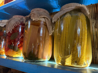 Homemade vegetable preserves in rustic style