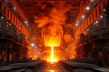 Molten metal pouring in an industrial foundry with intense heat and smoke glowing brightly