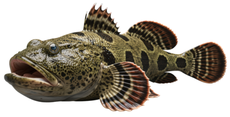 Surinam Toadfish (Batrachus surinamensis), a unique marine fish with a large mouth and mottled pattern. PNG with a transparent background