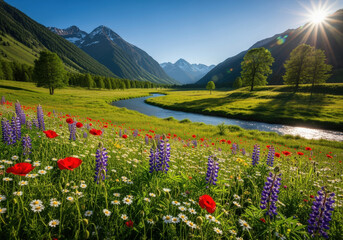 Obraz premium A vibrant landscape of rolling hills, a meandering river, and blooming wildflowers under a bright sun. The scene is full of life and color, with a crisp blue sky