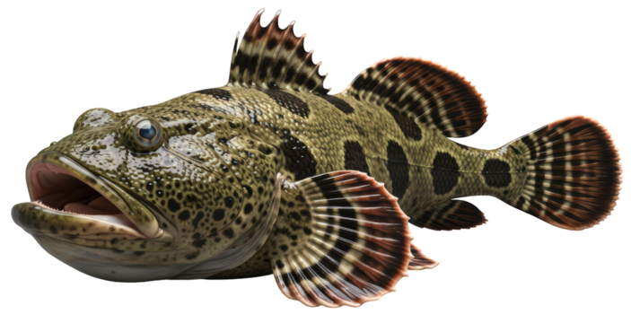 Surinam Toadfish (Batrachus surinamensis), a unique marine fish with a large mouth and mottled pattern. PNG with a transparent background