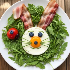 Fun Easter Breakfast featuring Fried Egg Bunny on White Plate with Arugula