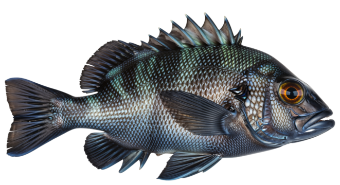 Un scorfano blu (Sebastesmystinus) con scaglie iridescenti e pinne spinose. PNG su sfondo trasparente.