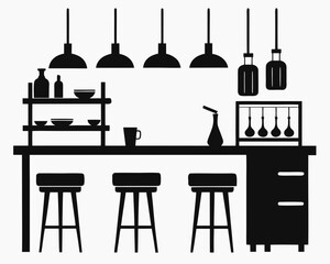 Modern kitchen bar with stools and hanging pendant lights silhouette isolated on white background