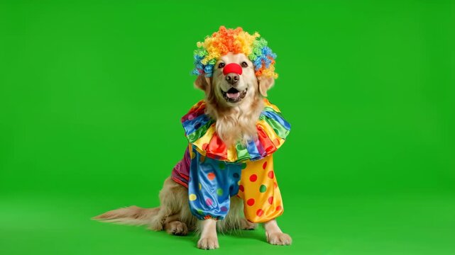 Happy Golden Retriever in Clown Costume on Green Screen - A cheerful golden retriever dog sits wearing a colorful clown costume complete with a rainbow-colored wig and red nose.