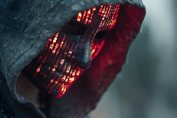Ransomware Cyberpunk Photo Shoot: Hacker in Mysterious Mask Surrounded by Glowing Codes and Glitches