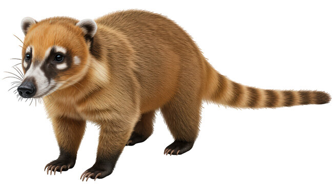 White-nosed Coati (Nasua narica), a long-snouted, raccoon-like mammal with a striped tail. PNG with transparent background