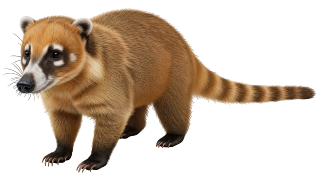 White-nosed Coati (Nasua narica), a long-snouted, raccoon-like mammal with a striped tail. PNG with transparent background