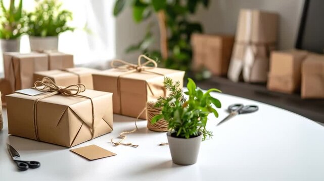 Gift wrapping supplies on a white table