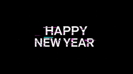 Festive glitch happy new year text animation, digital decay effect for holiday greetings or - Powered by Adobe