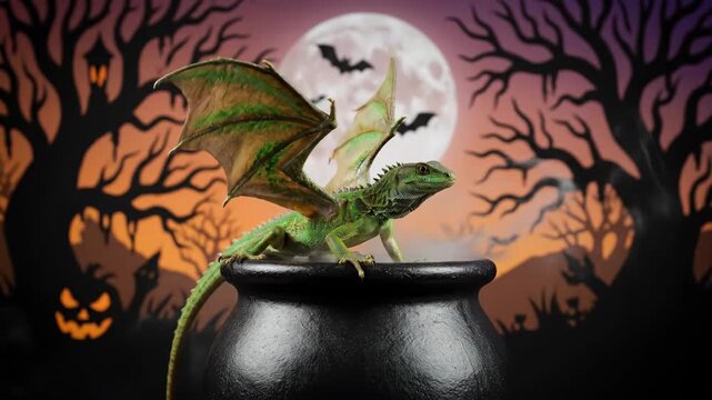 Winged Lizard on Halloween Cauldron - A green lizard with dragon wings is perched atop a steaming cauldron against a spooky Halloween backdrop featuring silhouetted trees, a full moon, and bats.