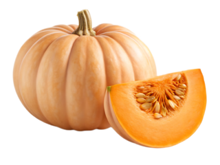 A whole pumpkin with a stem and a slice showing the seeds on a black background in bright lighting