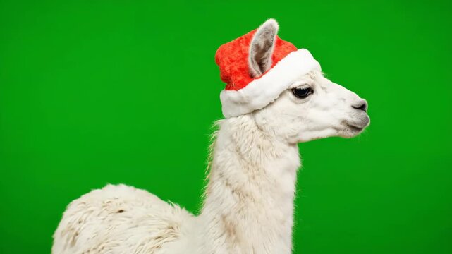 Haughty Llama in Santa Hat - Christmas Animal - A white llama, wearing a Santa hat, looks disdainfully at the camera before turning away.